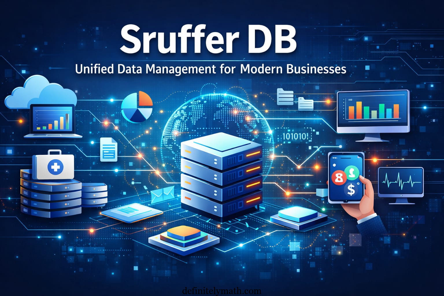 Illustration of Sruffer DB managing cloud, analytics, and industry-specific data with high-performance servers and real-time dashboards