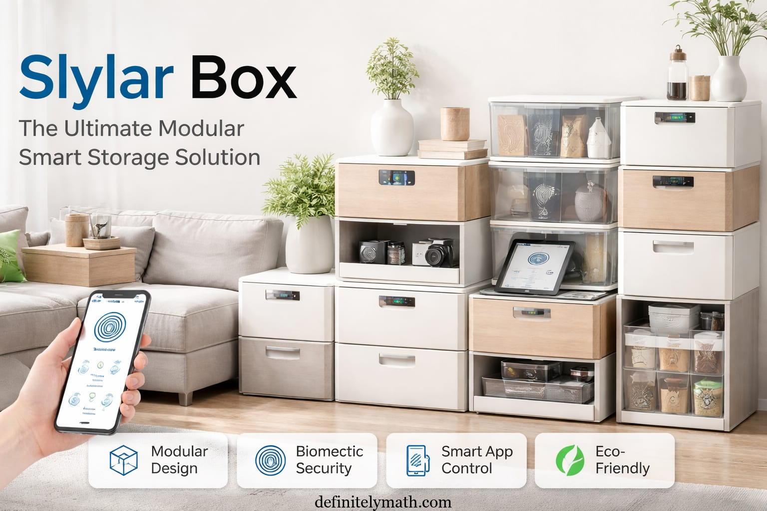 Slylar Box modular storage units stacked in a stylish living room with smart app control, biometric security, and eco-friendly design