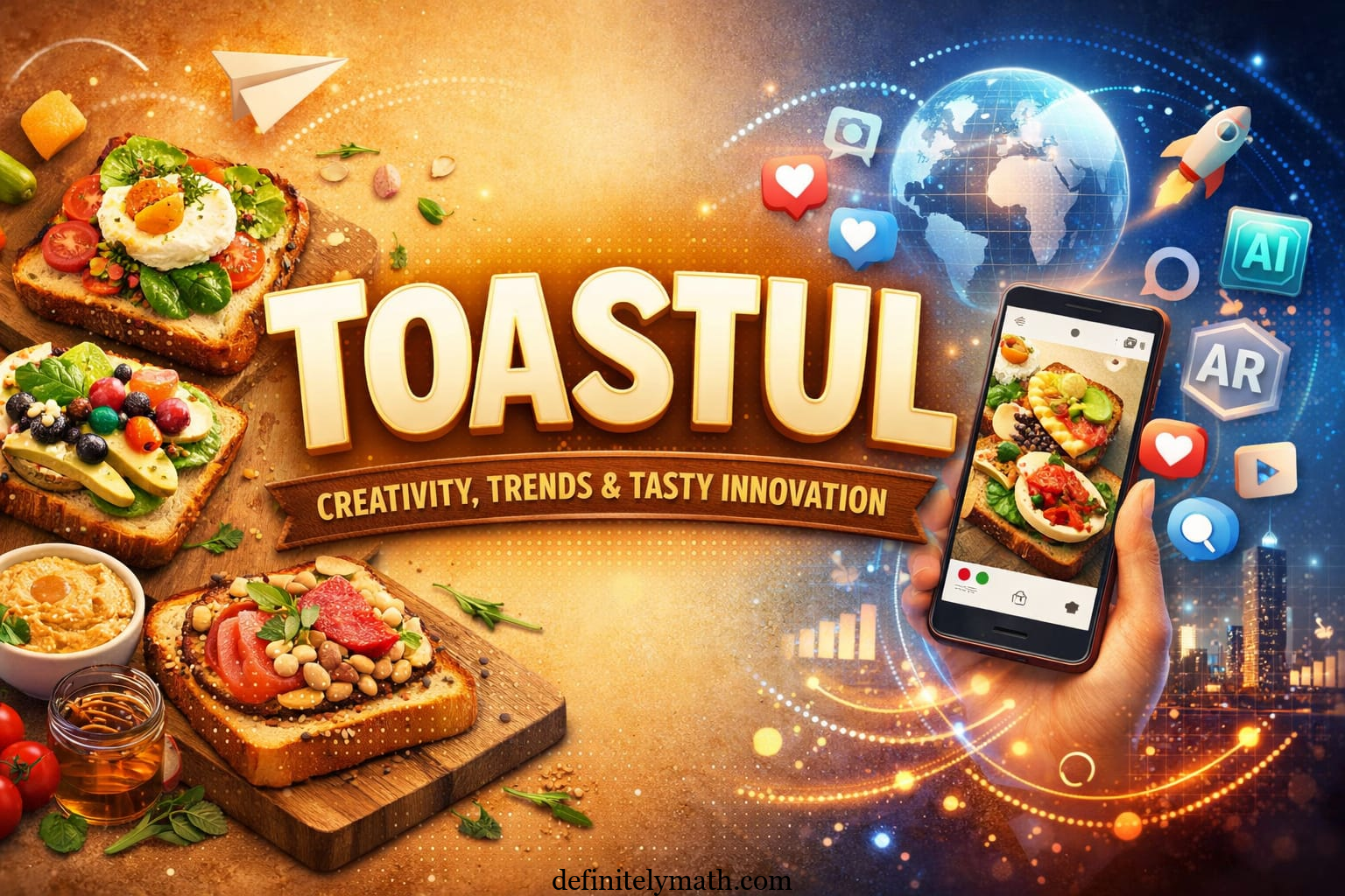 Creative Toastul with layered toppings on artisanal bread, highlighting digital and culinary innovation.
