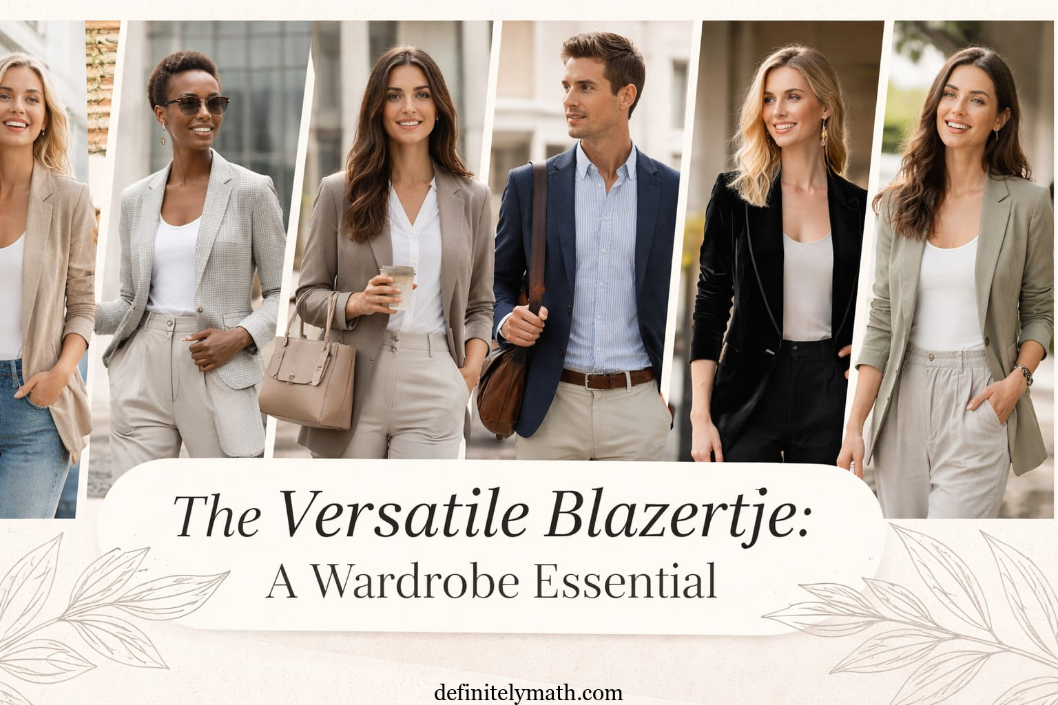 Men and women wearing stylish blazertjes in casual and smart-casual outfits, showcasing lightweight and versatile modern blazers.