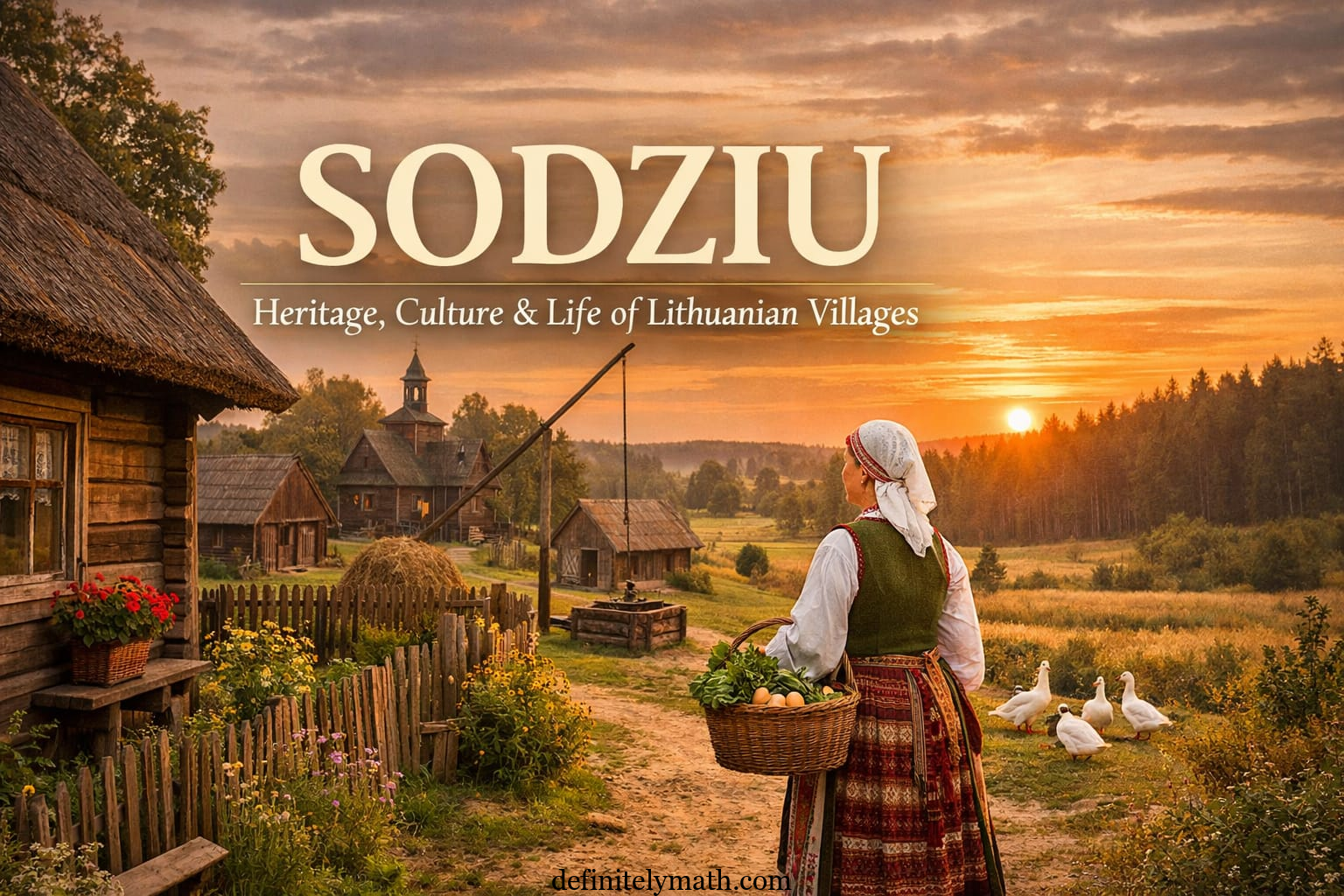 Traditional Lithuanian Sodziu village with thatched-roof wooden houses, gardens, a winding path, and a woman in folk attire at sunset