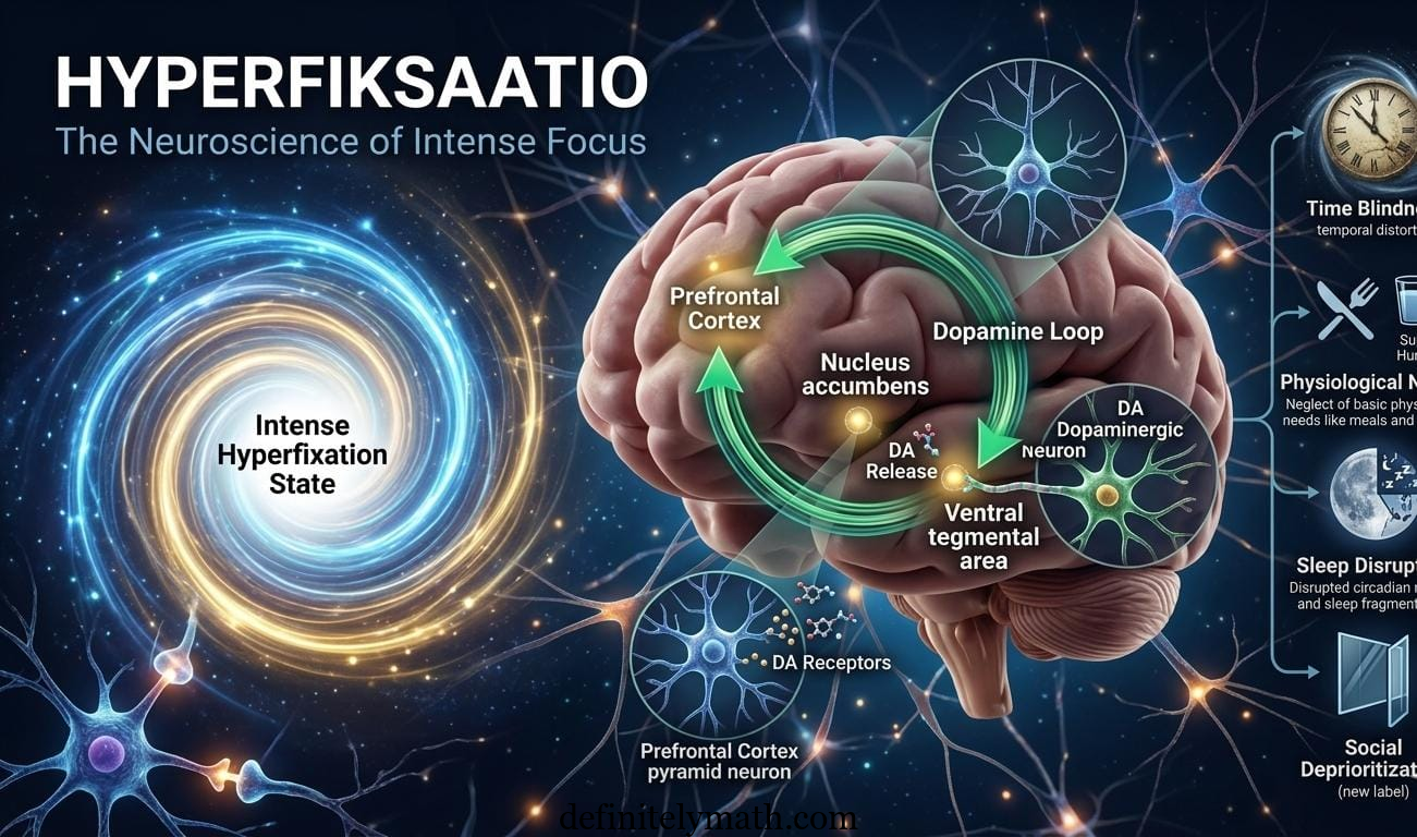 Person deeply focused on a project, surrounded by digital tools and notebooks, representing hyperfiksaatio and intense concentration