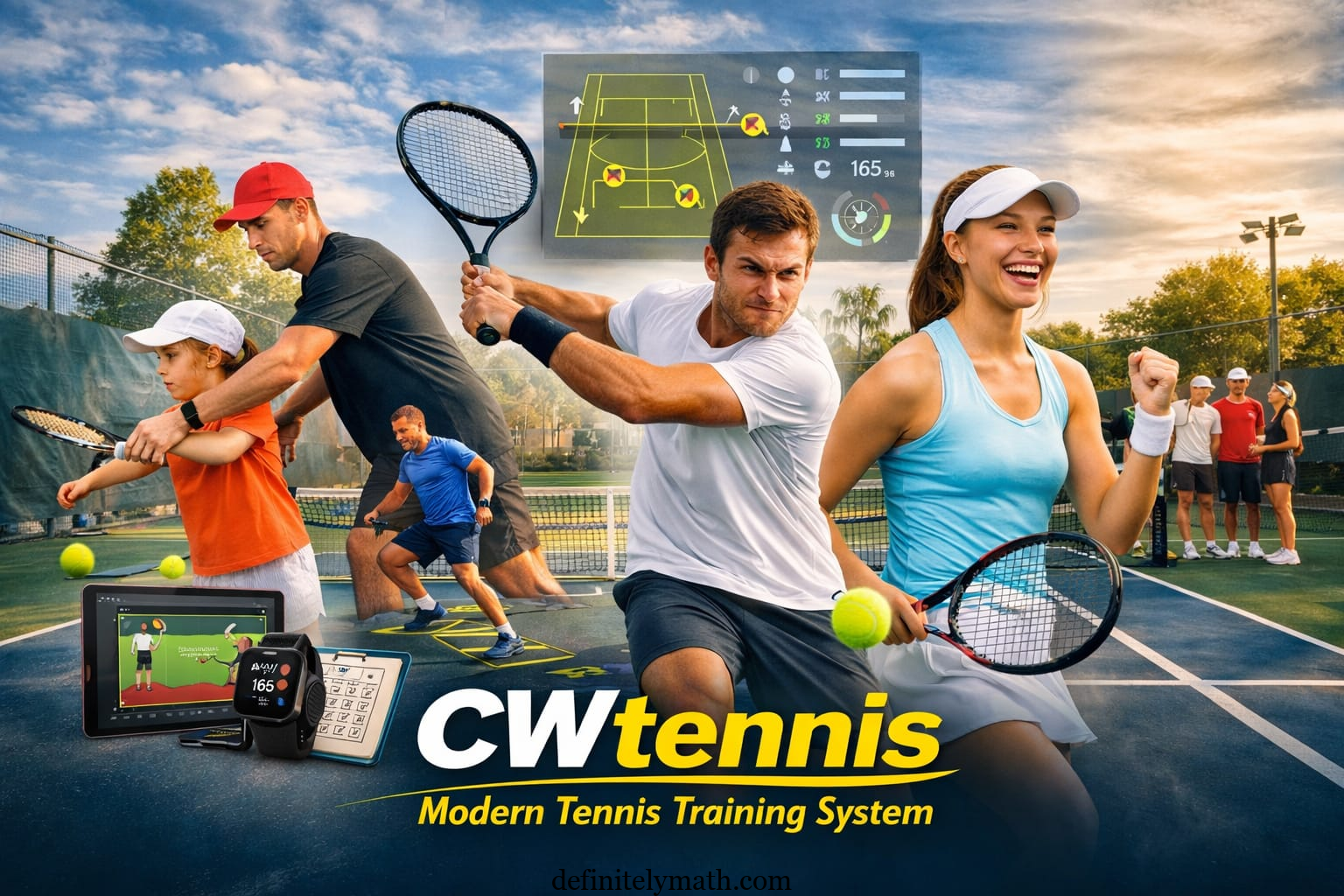 Players practicing tennis with coaches, fitness drills, and technology-assisted training on outdoor courts