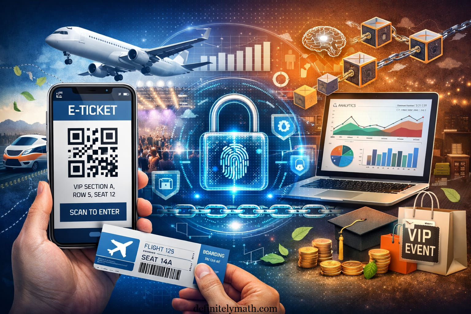 AI-powered digital ticketing showing QR codes, mobile tickets, blockchain security, and real-time event analytics.