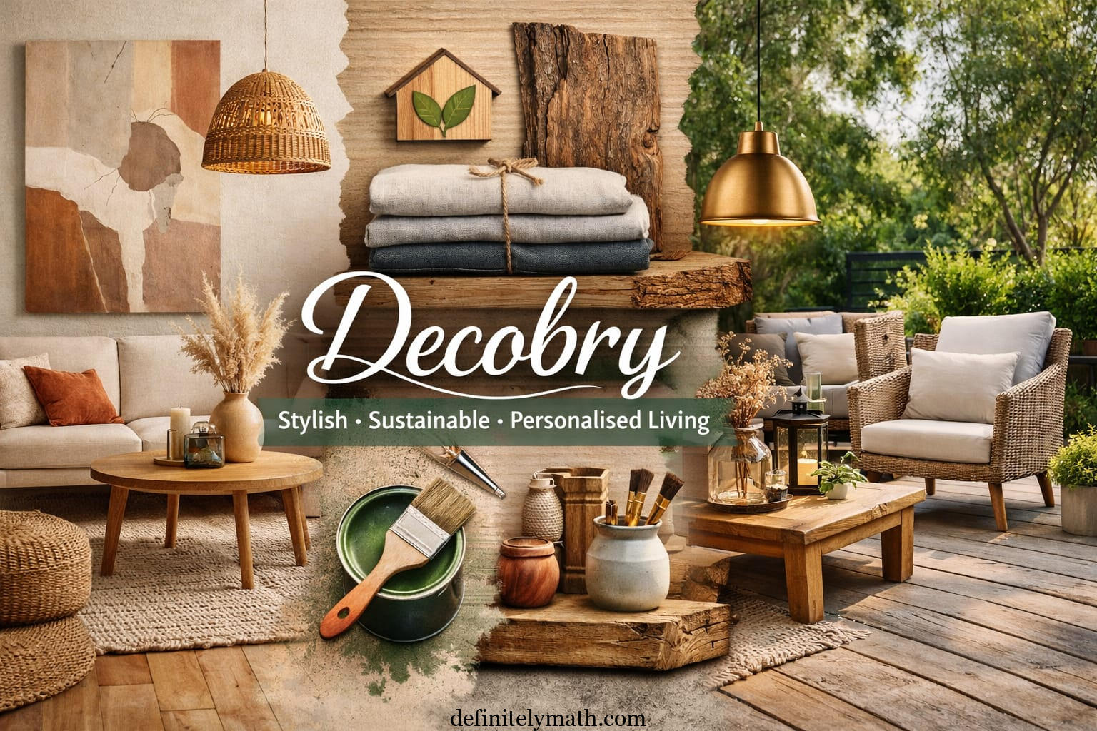 Stylish and sustainable Decobry-inspired living and outdoor space featuring layered textures, elegant lighting, and eco-friendly decor