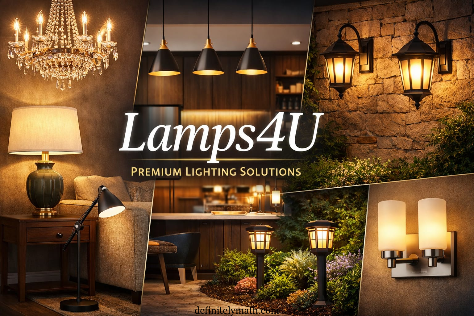 Variety of Lamps4U lighting solutions including table lamps, floor lamps, chandeliers, pendant lights, wall sconces, and outdoor lamps