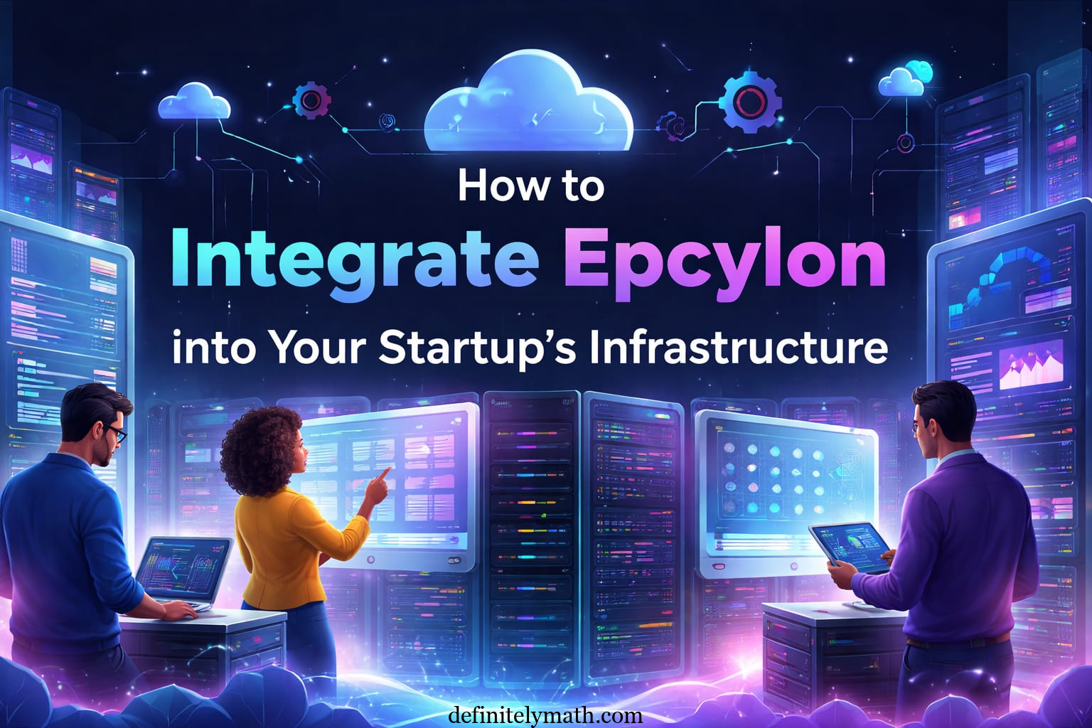 Illustration showing professionals integrating Epcylon infrastructure with servers, cloud systems, and digital analytics for startup growth