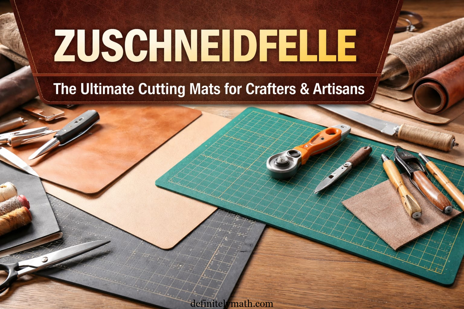High-quality Zuschneidfelle cutting mats with leather, fabric, and cutting tools on a craft workspace for precise and safe cutting.