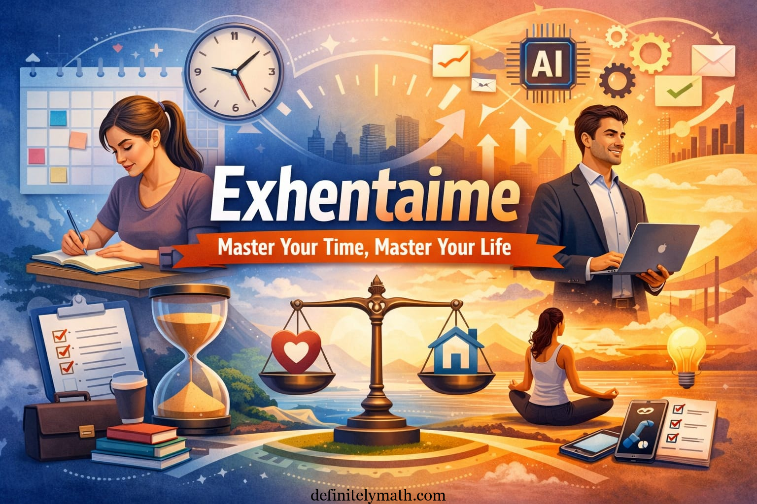 Illustration of Exhentaime time management system showing planning, focus, work-life balance, and digital productivity tools.