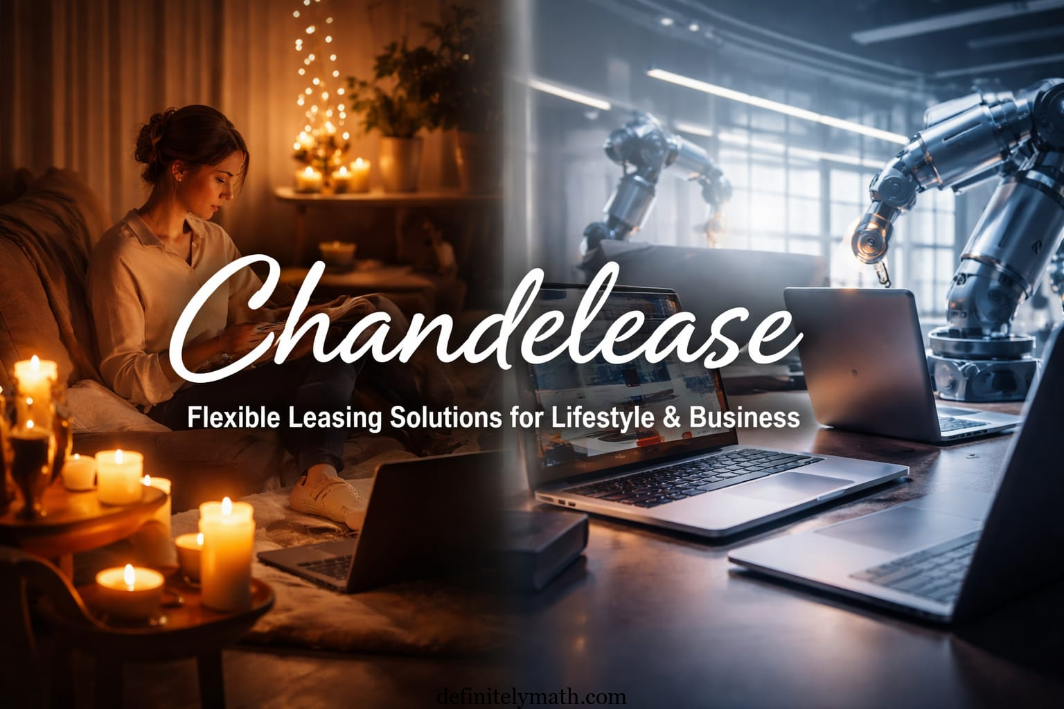 A split image showing a warm, dimly lit cozy home on the left and a modern high-tech office on the right, representing Chandelease for personal and professional spaces.