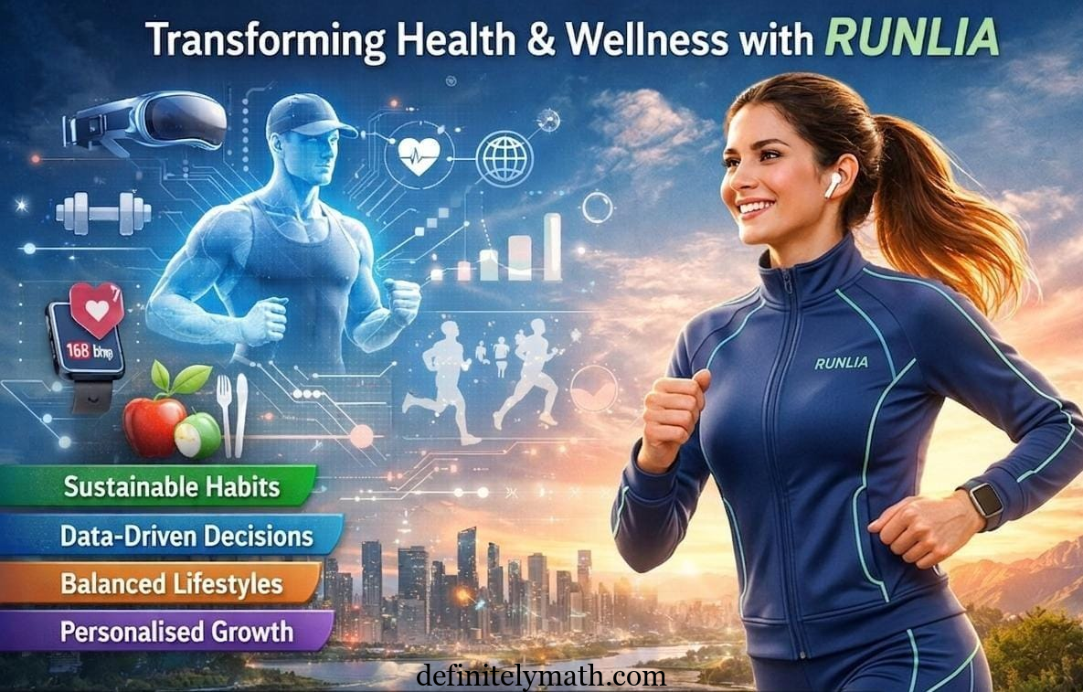 Modern digital fitness concept showing a person using a smartwatch with Runlia app interface, tracking workouts, nutrition, and mental wellness