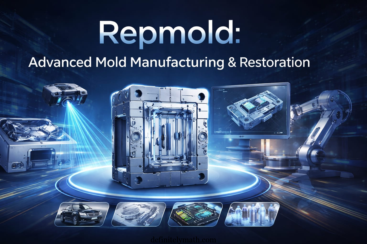 High-tech industrial mold with 3D scanning, CAD modeling, CNC machining, and robotic arm demonstrating Repmold technology.